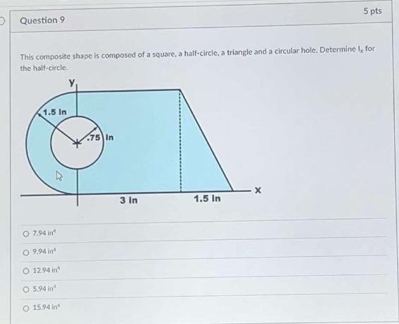 5 Pts Question 9 This Composite Shape Is Composed Of A Square A Half Circle A Triangle And A Circular Hole Determine 1