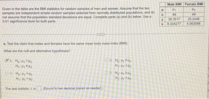 H Sin Given In The Table Are The Bmi Statistics For Random Samples Of Men And Women Assure That The Two Samples Are Ind 1
