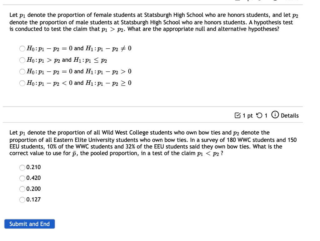 Let Pi Denote The Proportion Of Female Students At Statsburgh High School Who Are Honors Students And Let P2 Denote The 1