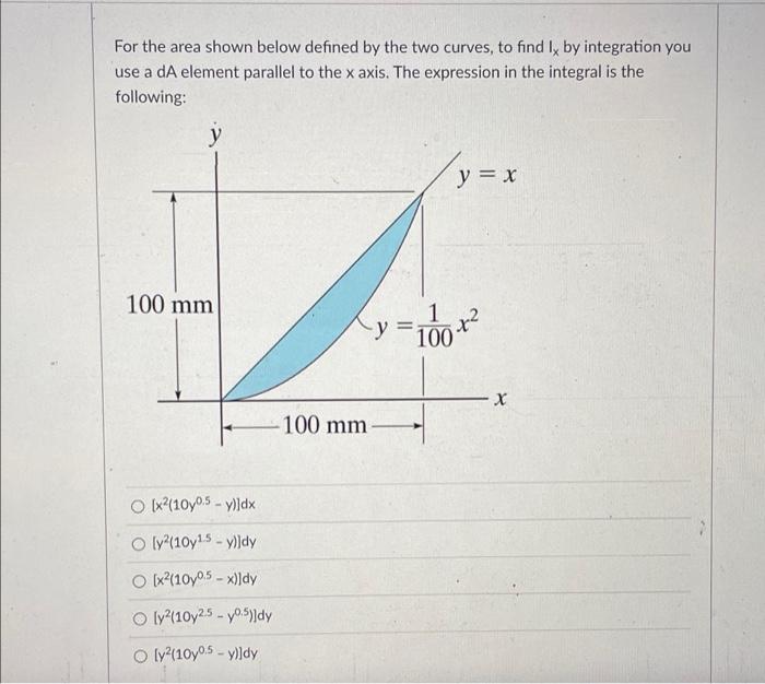 For The Area Shown Below Defined By The Two Curves To Find I By Integration You Use A Da Element Parallel To The X Axi 1