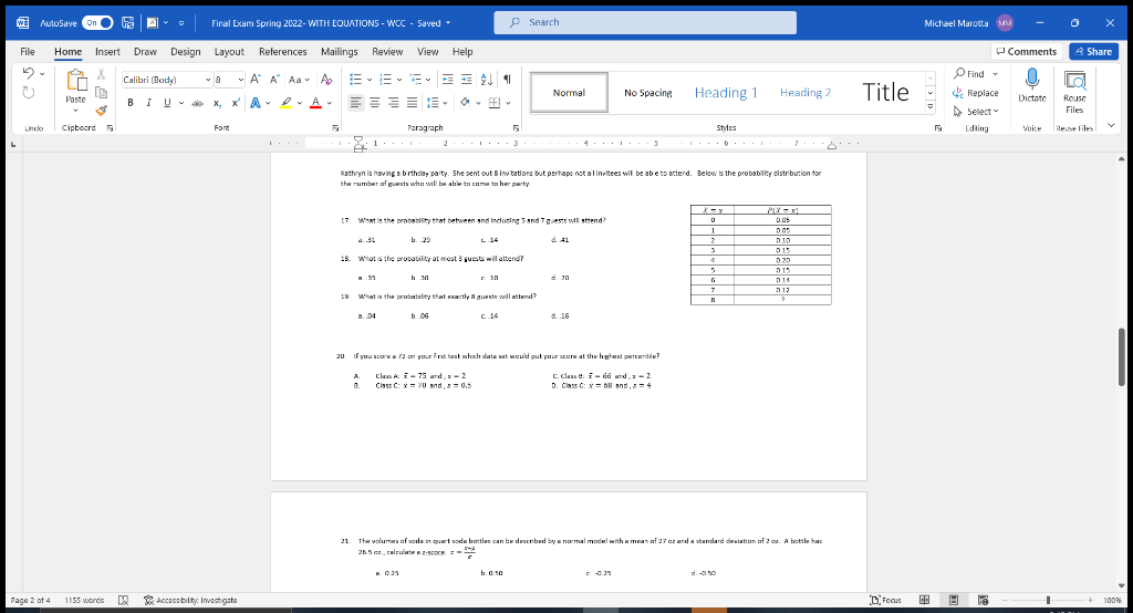 We Autosave On A I Final Exam Spring 2022 With Couations Wcc Saved Search Michael Marotta Mm File Home Insert Draw 1