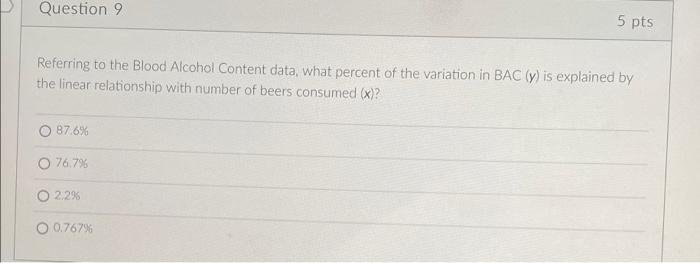 Question 9 5 Pts Referring To The Blood Alcohol Content Data What Percent Of The Variation In Bac Y Is Explained By T 1