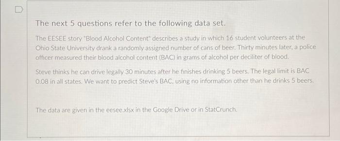 D Question 8 5 Pts Referring To The Blood Alcohol Content Data Determine The Least Squares Regression Line To Predict T 2