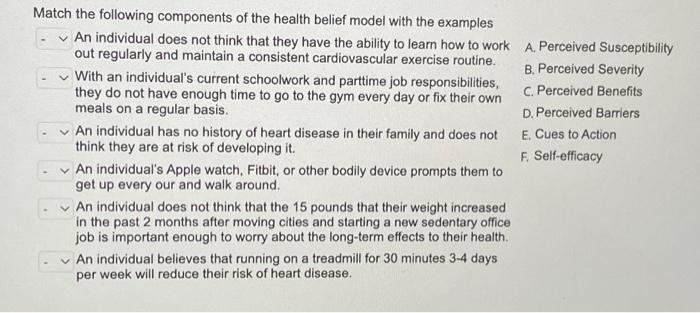 Match The Following Components Of The Health Belief Model With The Examples An Individual Does Not Think That They Have 1