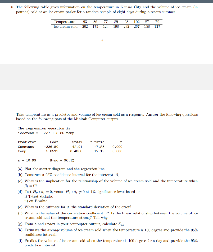 6 The Following Table Gives Information On The Temperature In Kansas City And The Volume Of Ice Cream In Pounds Sold 1