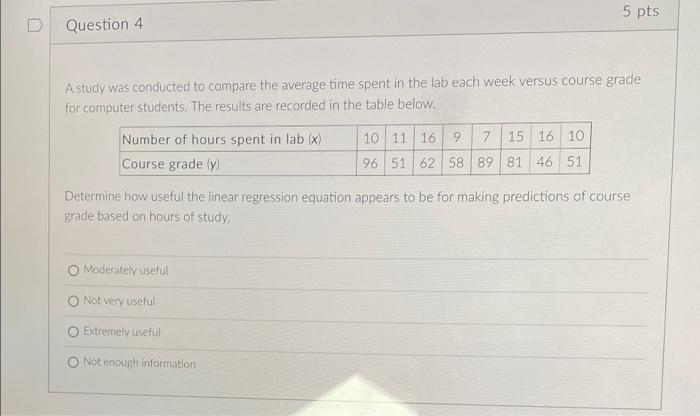 5 Pts D Question 4 A Study Was Conducted To Compare The Average Time Spent In The Lab Each Week Versus Course Grade For 1