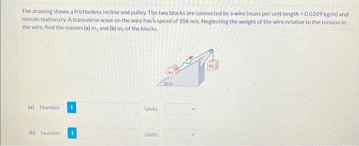 The Drawing Shows A Frictionless Incline And Pulley The Two Blocks Are Connected By A Wire Mass Per Unit Length 0 03 1