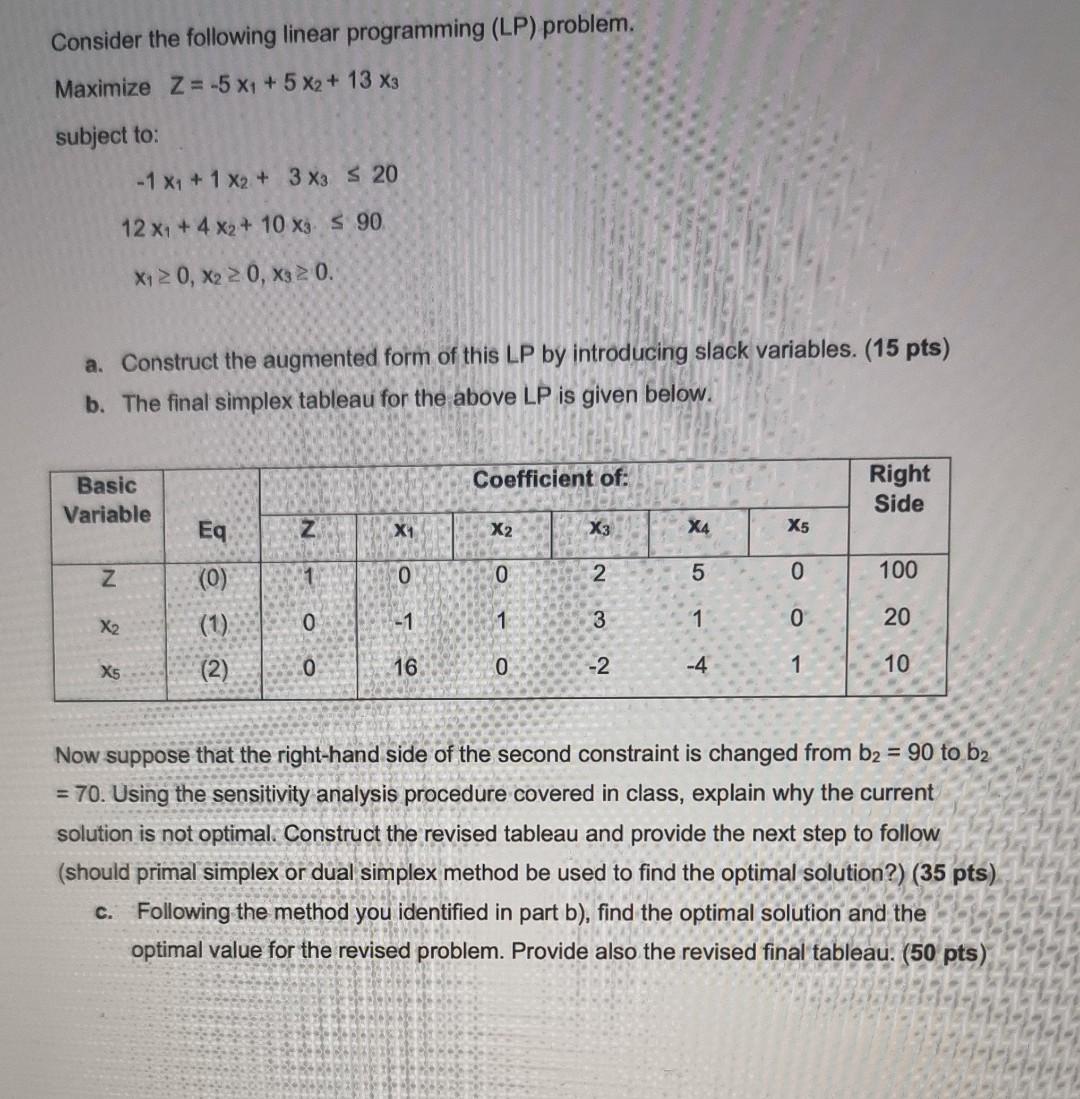 Consider The Following Linear Programming Lp Problem Maximize Z 5 X1 5 X2 13 X3 Subject To 1 X1 1 X2 3x3 S 1