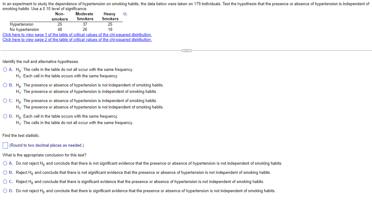 Presence Or Absence Of Hypertension Is Independent Of In An Experiment To Study The Dependence Of Hypertension On Smokin 1