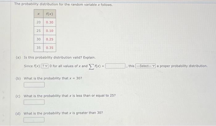 The Probability Distribution For The Random Variable X Follows X F X 20 0 30 25 0 10 30 0 25 35 0 35 A Is This Proba 1