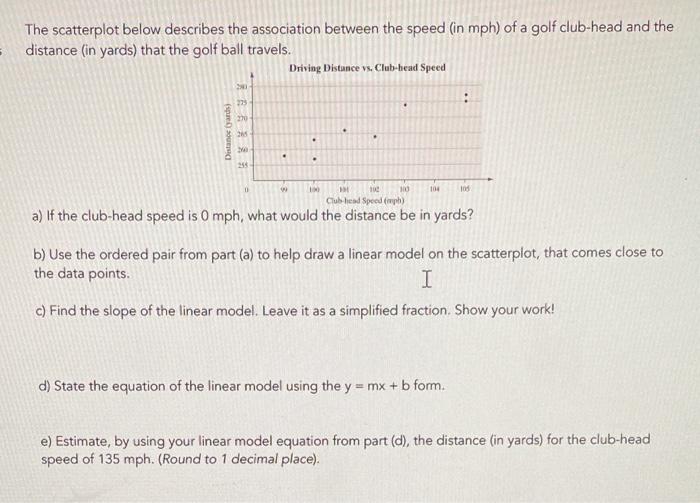 The Scatterplot Below Describes The Association Between The Speed In Mph Of A Golf Club Head And The Distance In Yard 1