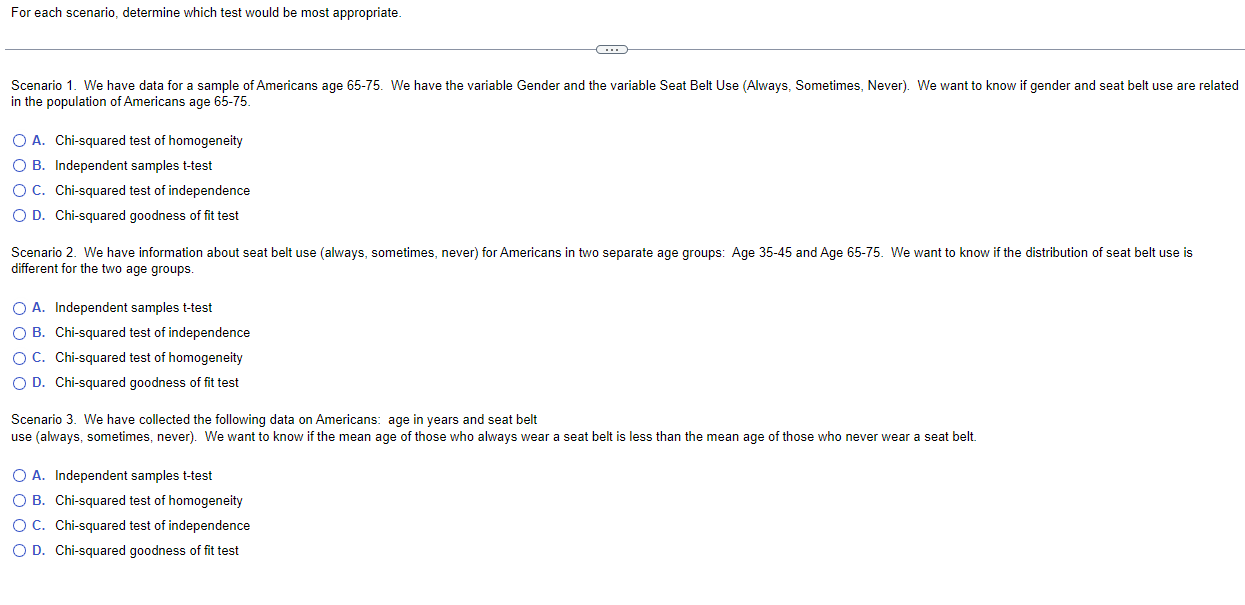 For Each Scenario Determine Which Test Would Be Most Appropriate Scenario 1 We Have Data For A Sample Of Americans 1