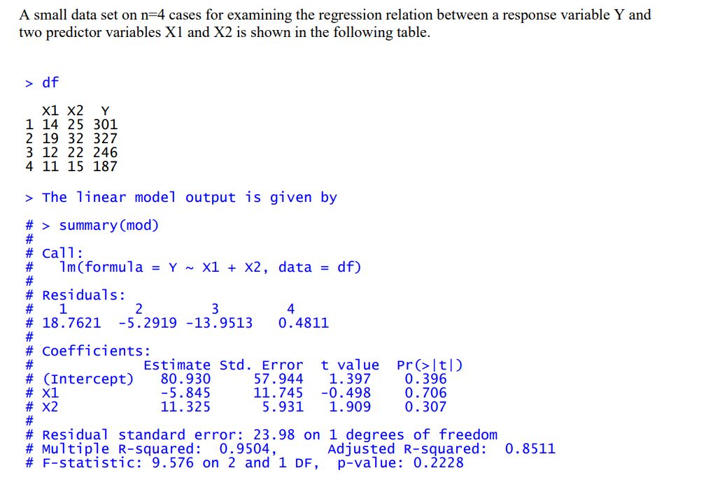 A Small Data Set On N 4 Cases For Examining The Regression Relation Between A Response Variable Y And Two Predictor Vari 1