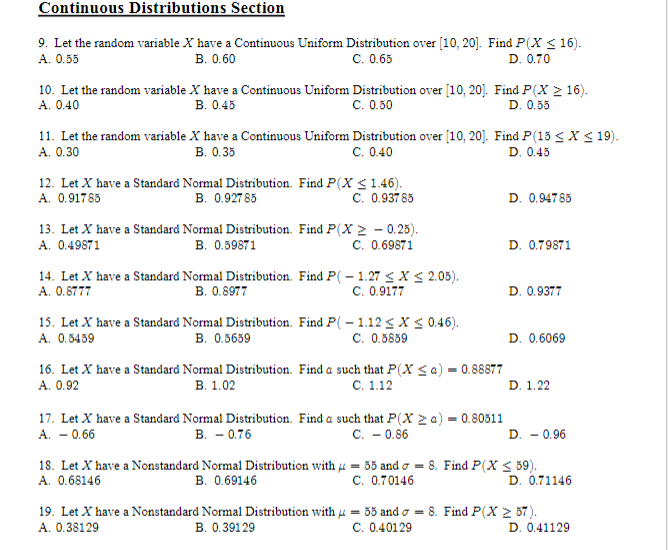 Continuous Distributions Section 9 Let The Random Variable X Have A Continuous Uniform Distribution Over 10 20 Find 1