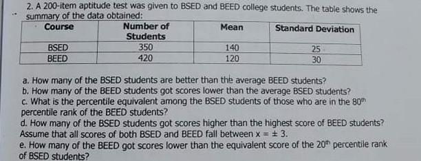 2 A 200 Item Aptitude Test Was Given To Bsed And Beed College Students The Table Shows The Summary Of The Data Obtaine 1