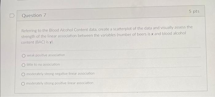 5 Pts Question 7 Referring To The Blood Alcohol Content Data Create A Scatterplot Of The Data And Visually Assess The S 1