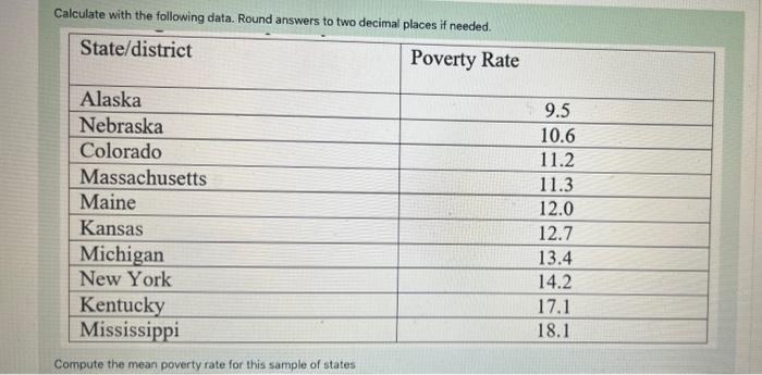 Compute The Main Poverty Rate For The Sample Of States Mean Compute The Median Poverty Rate For The Sample Of States Me 1