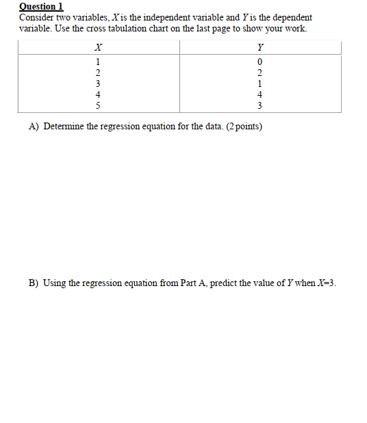 Question 1 Consider Two Variables X Is The Independent Variable And Y Is The Dependent Variable Use The Cross Tabulati 1