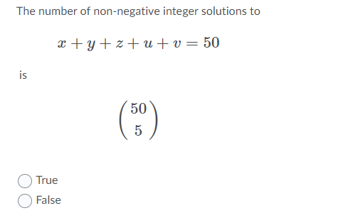 The Number Of Non Negative Integer Solutions To 3 Y Z U V 50 Is 50 5 True False 1
