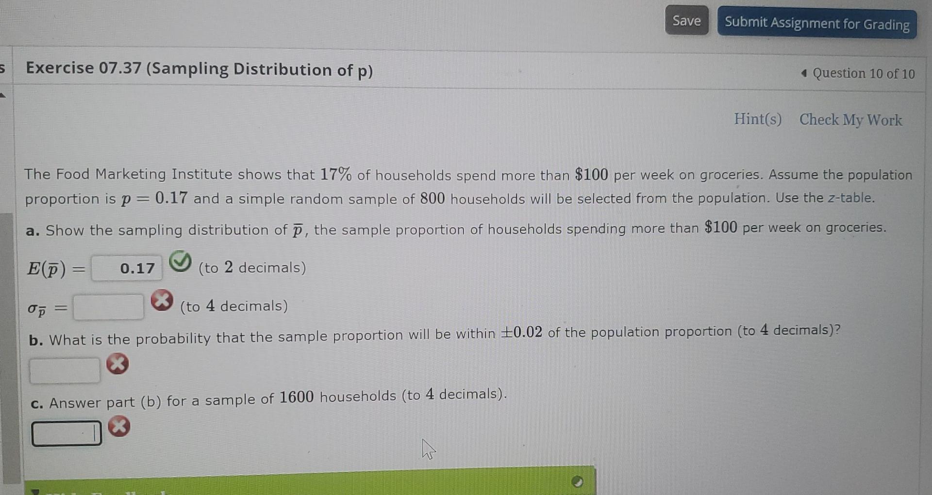 Save Submit Assignment For Grading 5 Exercise 07 37 Sampling Distribution Of P Question 10 Of 10 Hint S Check My Work 1