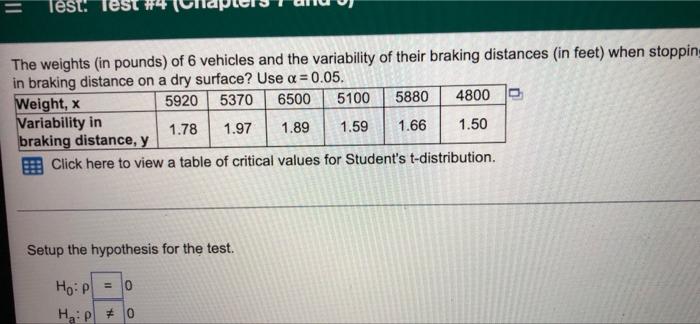 Test The Weights In Pounds Of 6 Vehicles And The Variability Of Their Braking Distances In Feet When Stopping In Br 1