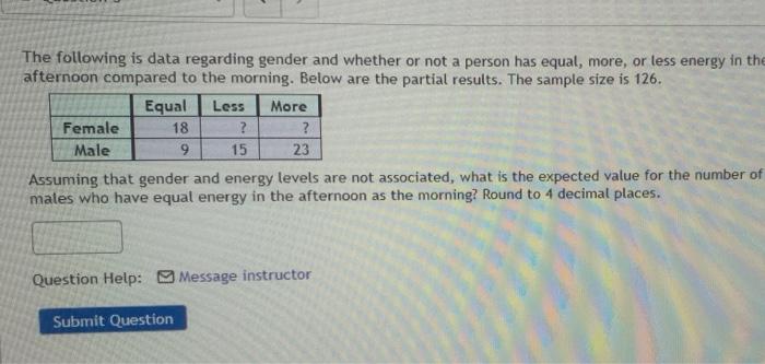 The Following Is Data Regarding Gender And Whether Or Not A Person Has Equal More Or Less Energy In The Afternoon Comp 1