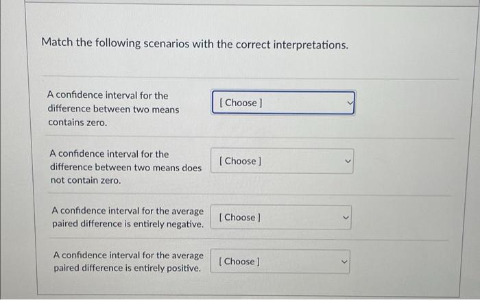 Match The Following Scenarios With The Correct Interpretations A Confidence Interval For The Difference Between Two Mea 1