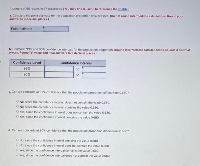 A Sample Of 95 Results In 57 Successes You May Find It Useful To Reference The Z Table A Calculate The Point Estimat 1
