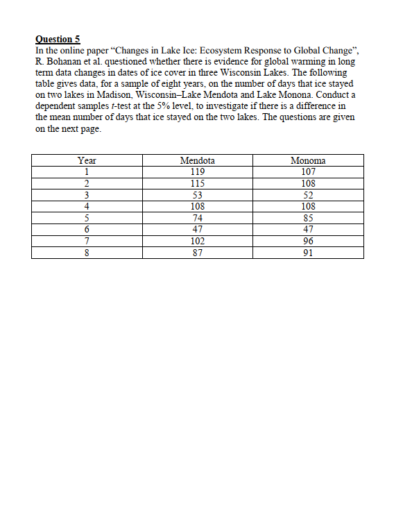 Question 5 In The Online Paper Changes In Lake Ice Ecosystem Response To Global Change R Bohanan Et Al Questioned 1
