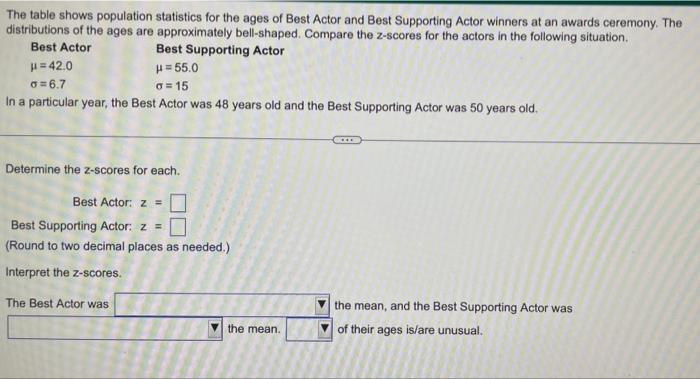 The Table Shows Population Statistics For The Ages Of Best Actor And Best Supporting Actor Winners At An Awards Ceremony 1