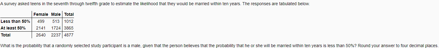 A Survey Asked Teens In The Seventh Through Twelfth Grade To Estimate The Likelihood That They Would Be Married Within T 1