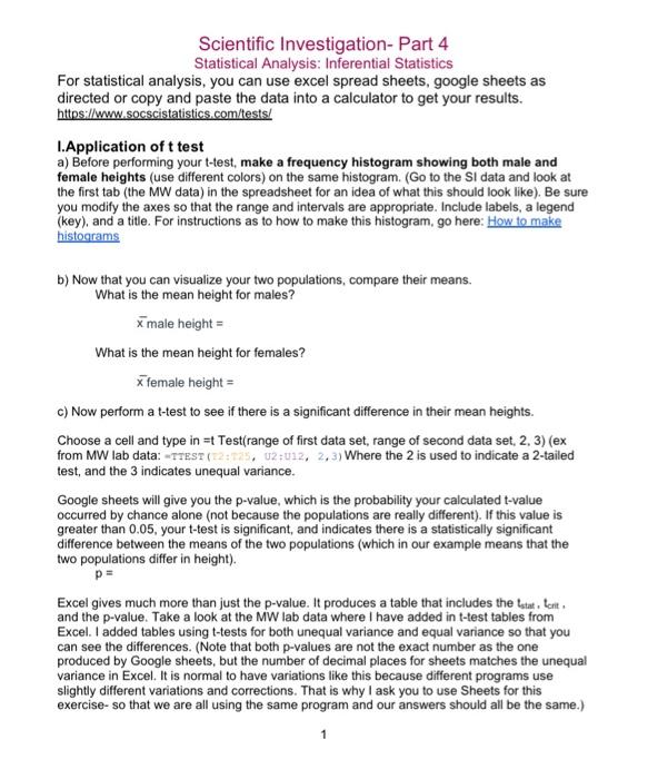 Scientific Investigation Part 4 Statistical Analysis Inferential Statistics For Statistical Analysis You Can Use Exce 1