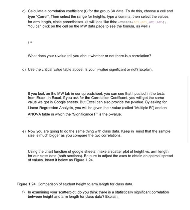 C Calculate A Correlation Coefficient R For The Group 3a Data To Do This Choose A Cell And Type Correl Then Sele 1
