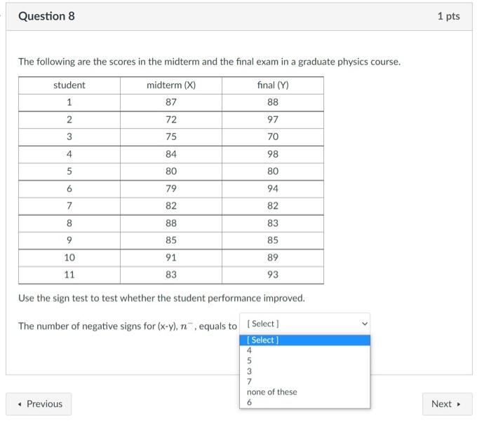 Question 8 1 Pts The Following Are The Scores In The Midterm And The Final Exam In A Graduate Physics Course Student 1 1