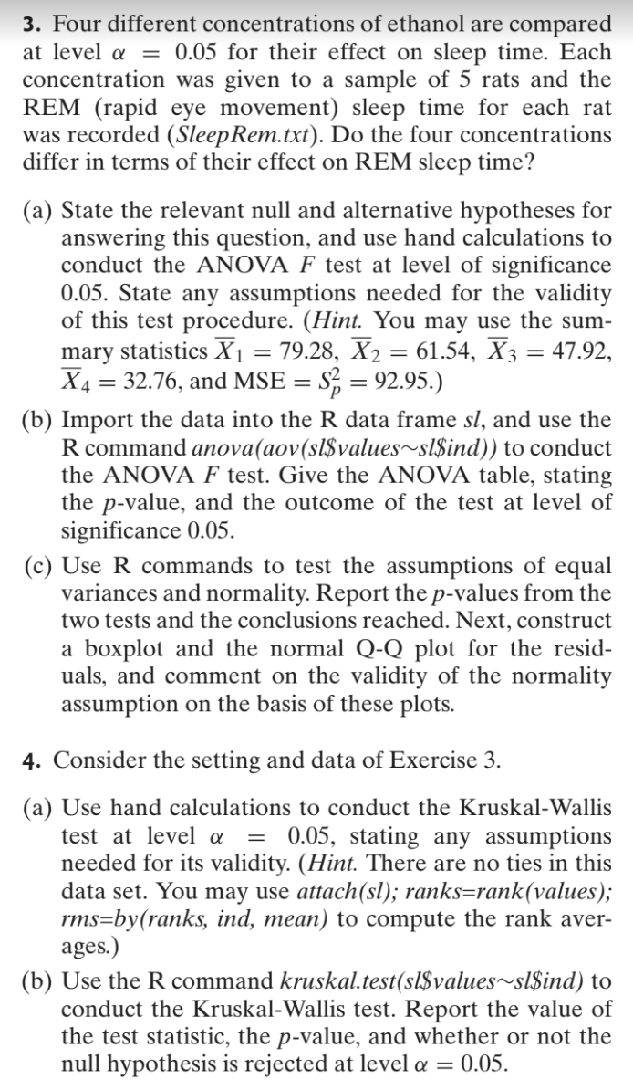 3 Four Different Concentrations Of Ethanol Are Compared At Level A 0 05 For Their Effect On Sleep Time Each Conc 1