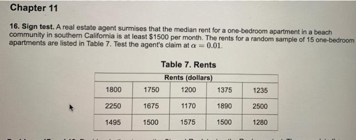 Chapter 11 16 Sign Test A Real Estate Agent Surmises That The Median Rent For A One Bedroom Apartment In A Beach Commu 1