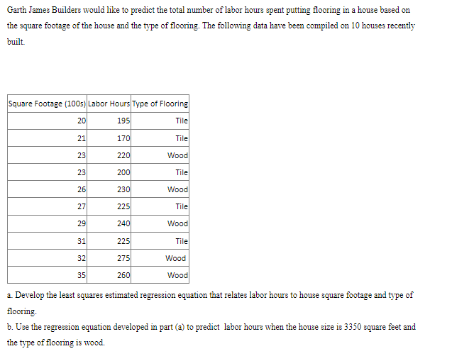 Garth James Builders Would Like To Predict The Total Number Of Labor Hours Spent Putting Flooring In A House Based On Th 1
