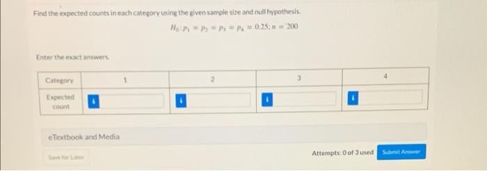 Find The Expected Counts In Each Category Using The Given Sample Size And Null Hypothesis Hp 0 25 N 200 Ente 1