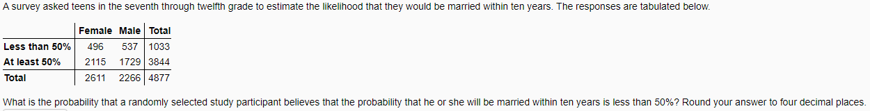 A Survey Asked Teens In The Seventh Through Twelfth Grade To Estimate The Likelihood That They Would Be Married Within T 1