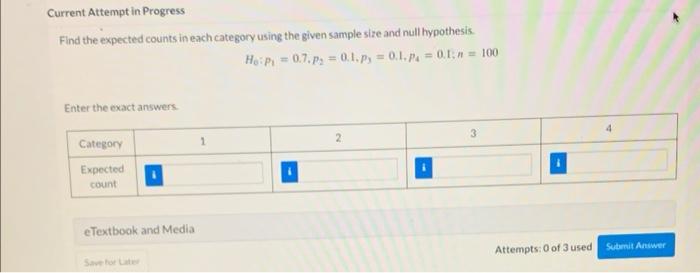 Current Attempt In Progress Find The Expected Counts In Each Category Using The Given Sample Size And Null Hypothesis H 1