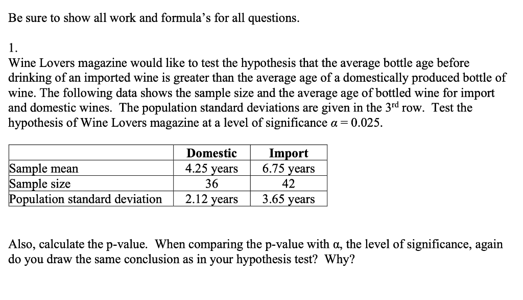 Be Sure To Show All Work And Formula S For All Questions 1 Wine Lovers Magazine Would Like To Test The Hypothesis That 1