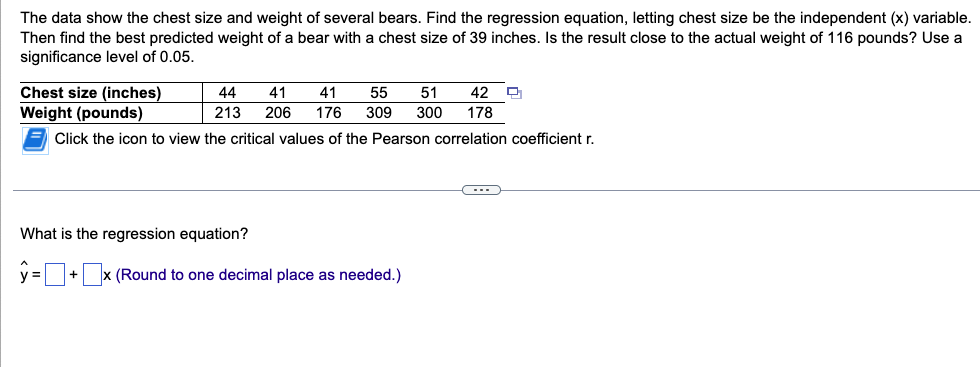The Data Show The Chest Size And Weight Of Several Bears Find The Regression Equation Letting Chest Size Be The Indepe 1