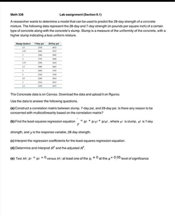 Math 338 Lab Assignment Section 9 1 A Researcher Wants To Determine A Model That Can Be Used To Predict The 28 Day Str 1