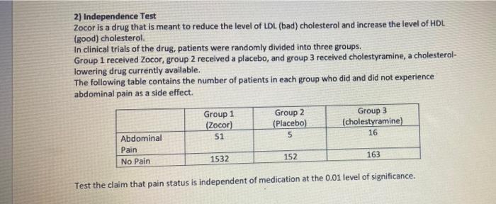 2 Independence Test Zocor Is A Drug That Is Meant To Reduce The Level Of Ldl Bad Cholesterol And Increase The Level O 1