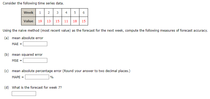 Consider The Following Time Series Data 3 4 5 6 Week 1 2 Value 19 13 15 11 18 15 Using The Naive Method Most Recent 1