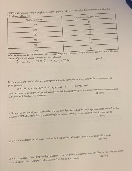 10 The Following In A Survey Of People Who Went To A Physician Who Were Asked What Their Weight Was And What Their Ldl 1