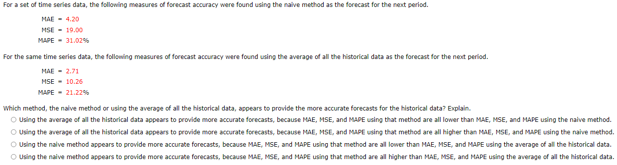 For A Set Of Time Series Data The Following Measures Of Forecast Accuracy Were Found Using The Naive Method As The Fore 1