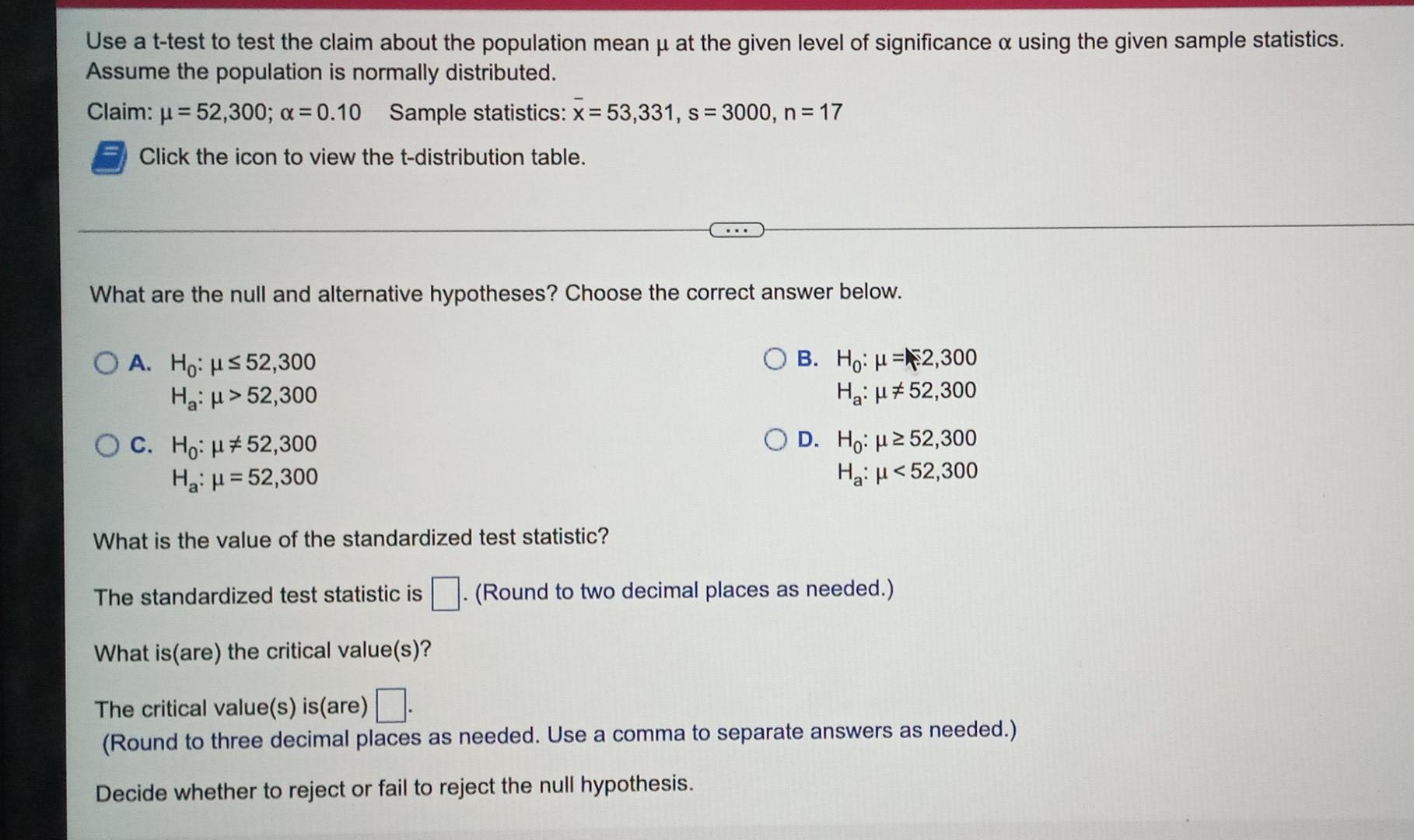 Use A T Test To Test The Claim About The Population Mean U At The Given Level Of Significance A Using The Given Sample S 1