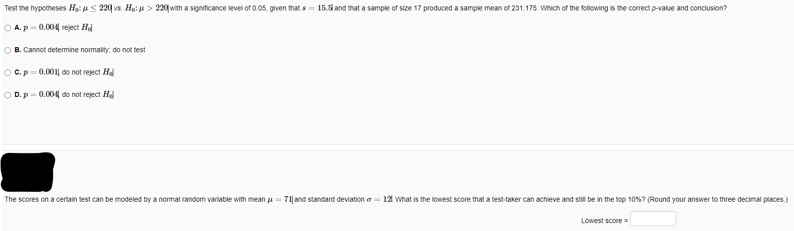 Test The Hypotheses H U 229 Vs H 220 With A Significance Level Of 0 05 Given That S 15 5and That A Sample Of Size 1