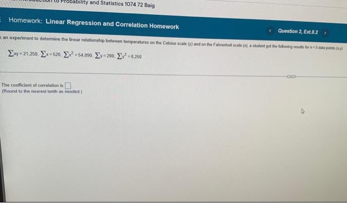 Probability And Statistics 1074 72 Baig Homework Linear Regression And Correlation Homework Question 2 Ext 3 2 An Expe 1